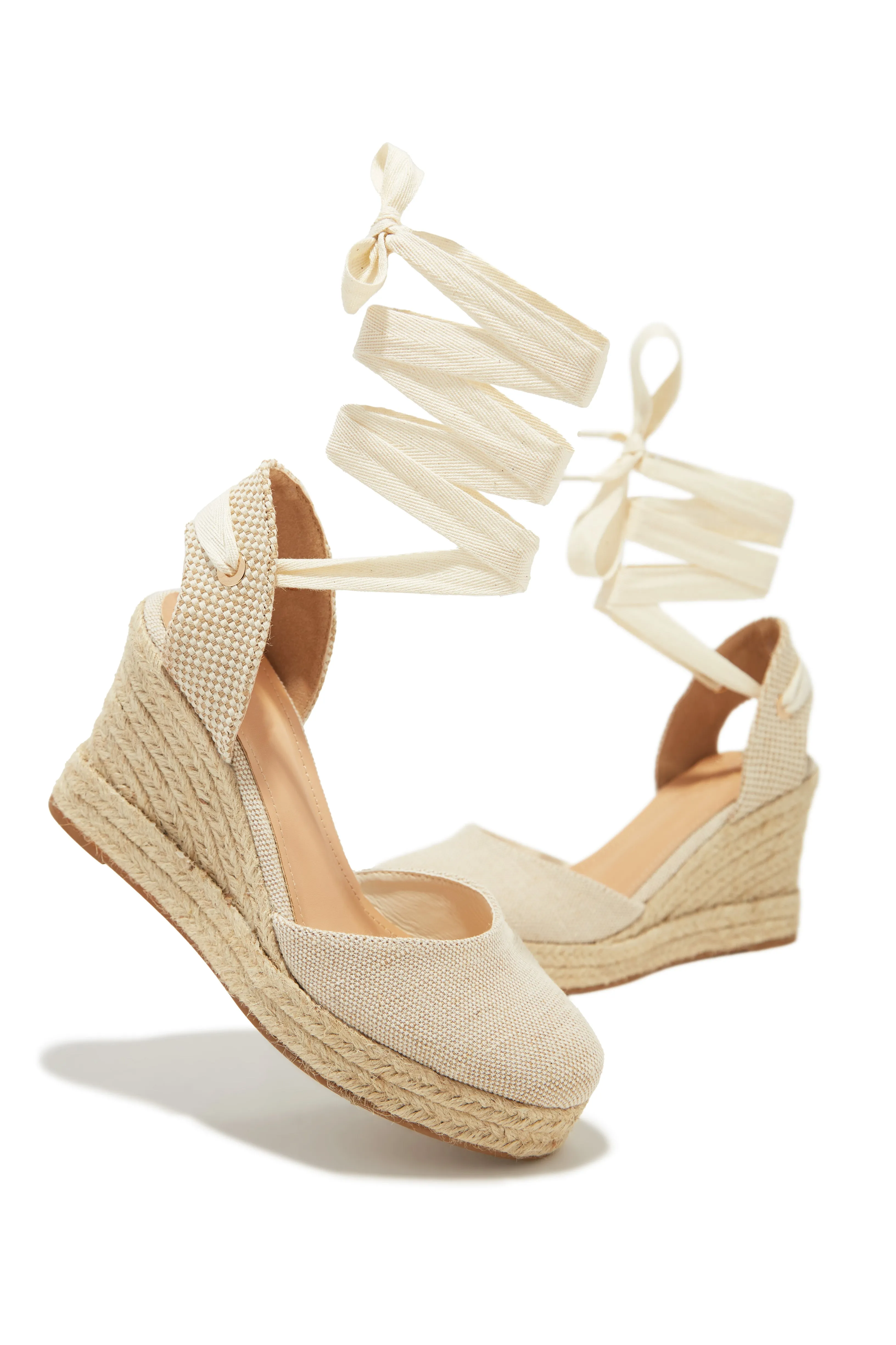 Tropical Vacay Lace Up Platform Espadrille Wedges - Cream