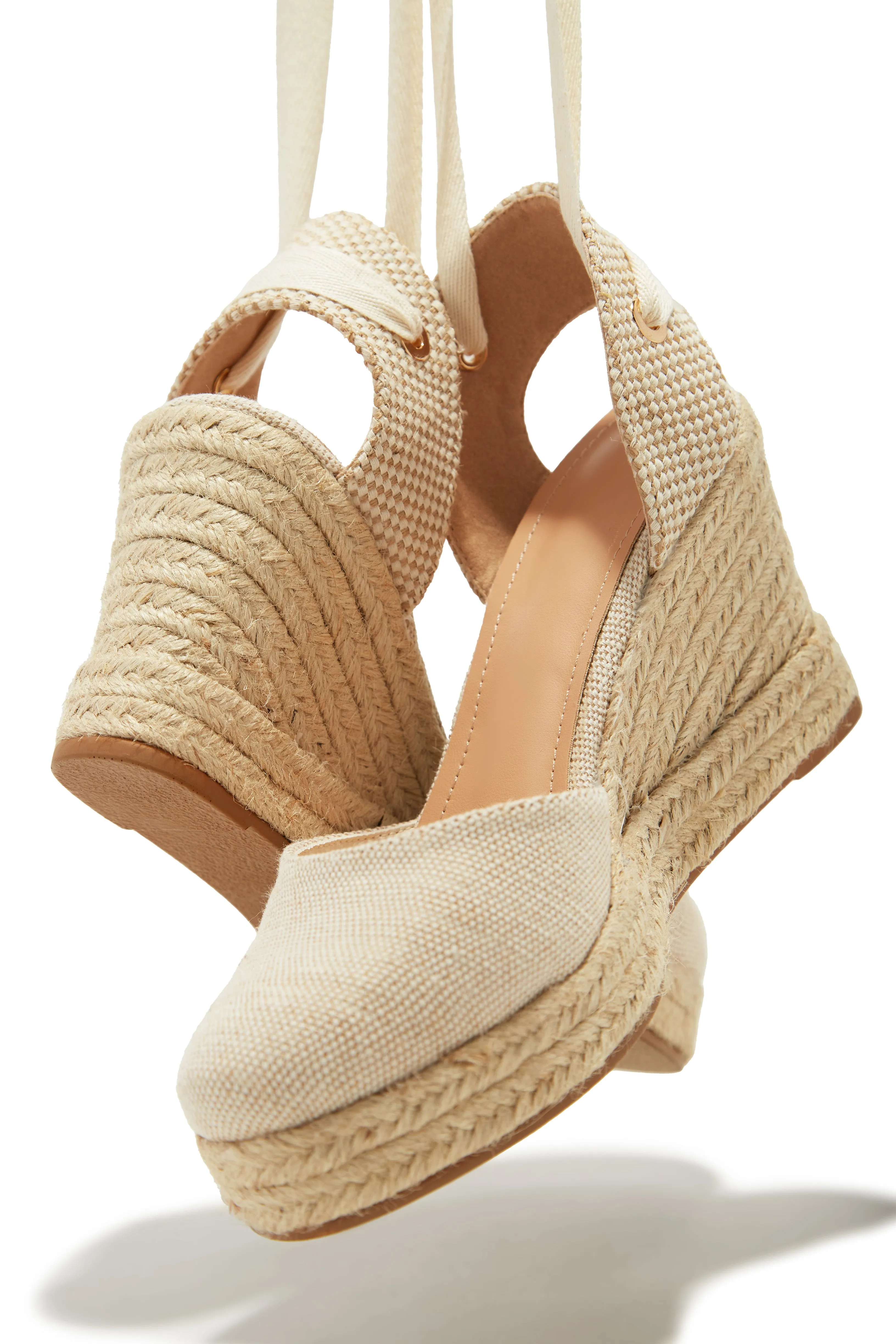 Tropical Vacay Lace Up Platform Espadrille Wedges - Cream