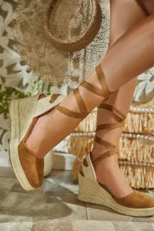 Tropical Vacay Lace Up Platform Espadrille Wedges - Tan