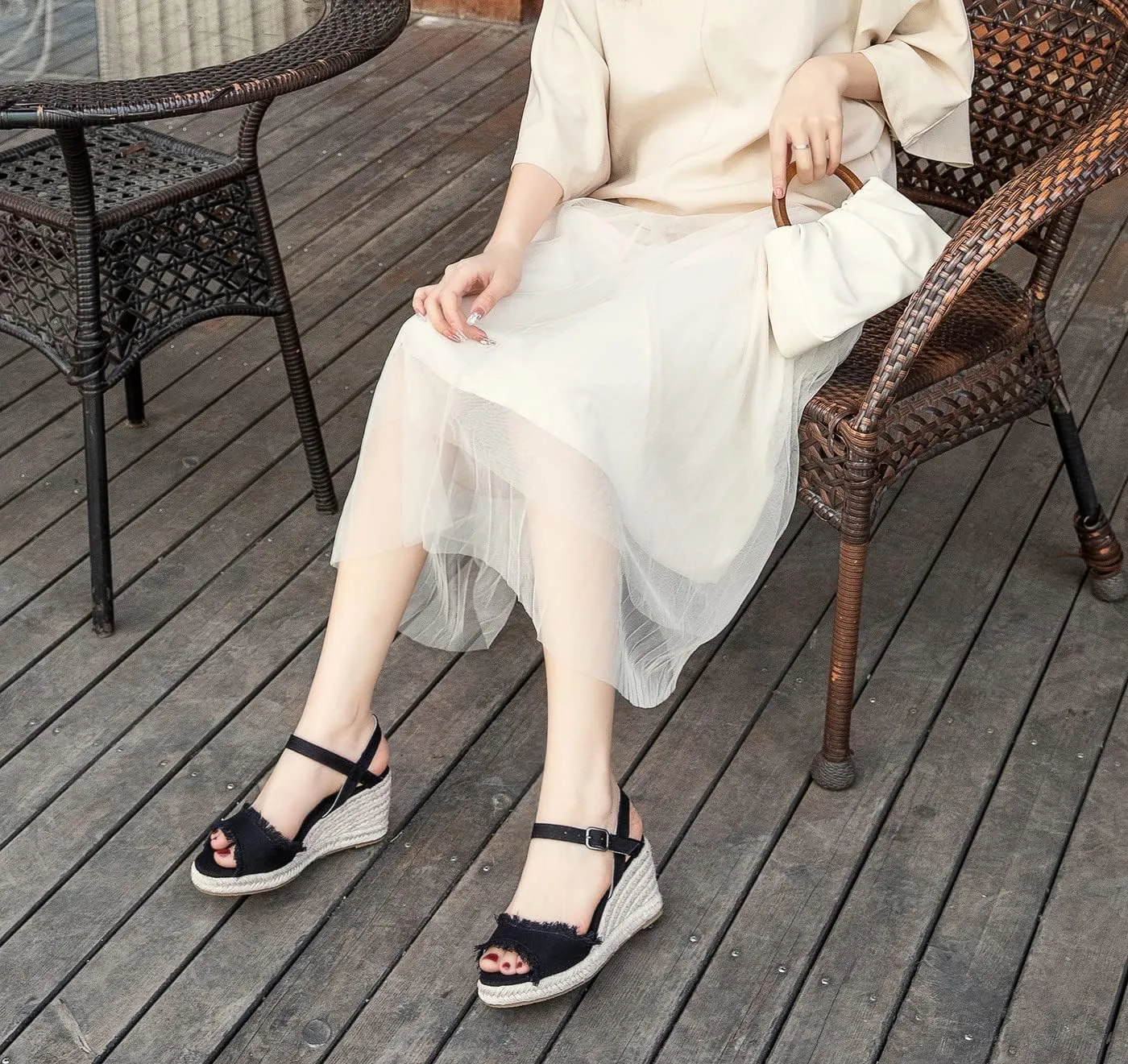 U-lite Peep Toe Canvas Espadrille Tassel Wedge Sandal for Women, Buckle Ankle Strap Flatform Casual Shoes
