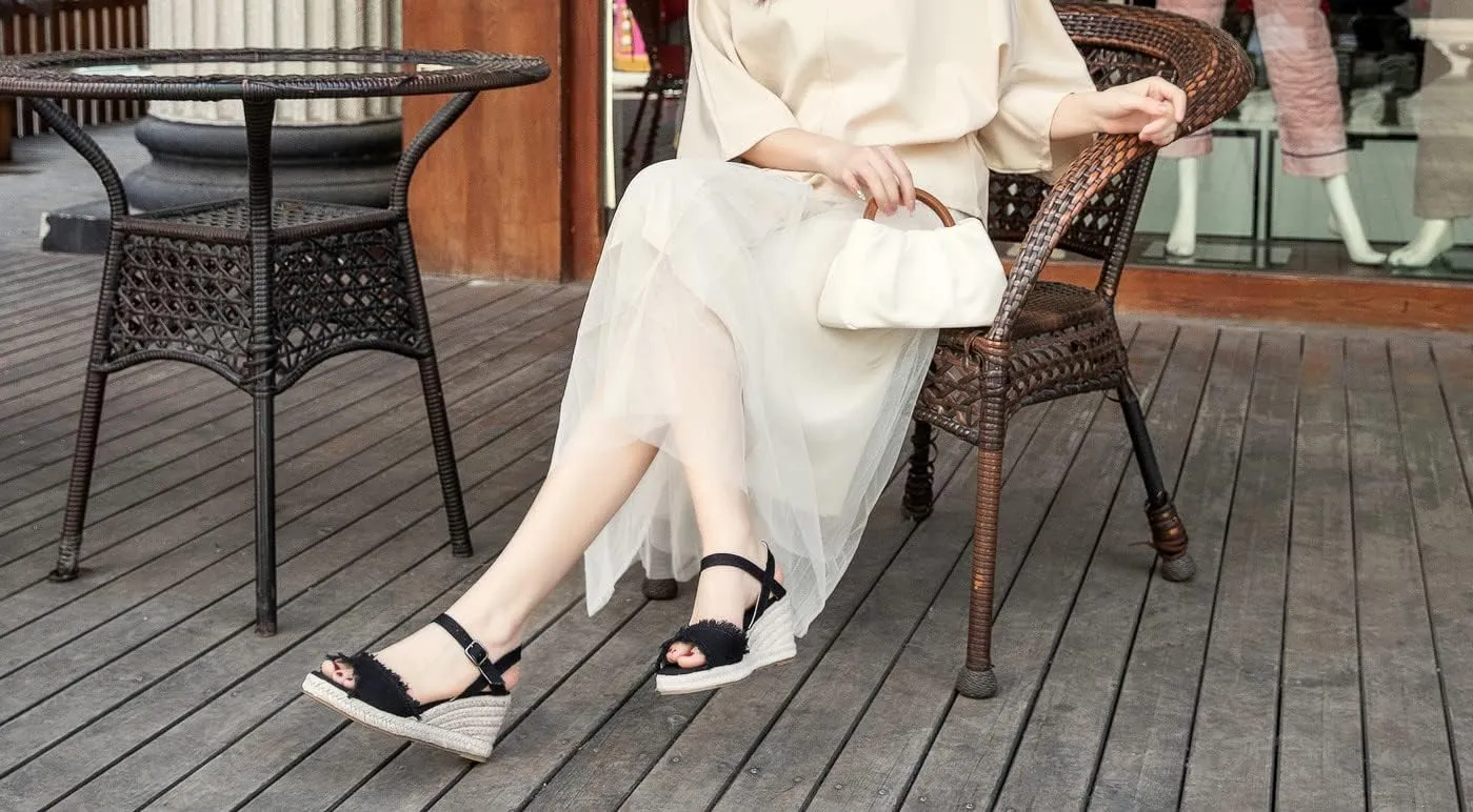 U-lite Peep Toe Canvas Espadrille Tassel Wedge Sandal for Women, Buckle Ankle Strap Flatform Casual Shoes
