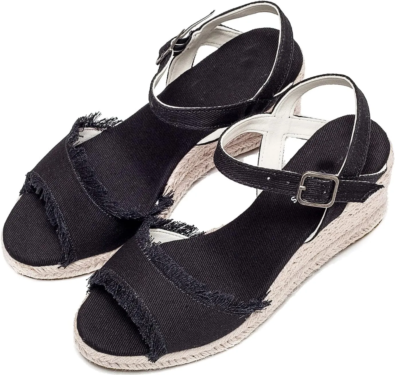 U-lite Peep Toe Canvas Espadrille Tassel Wedge Sandal for Women, Buckle Ankle Strap Flatform Casual Shoes