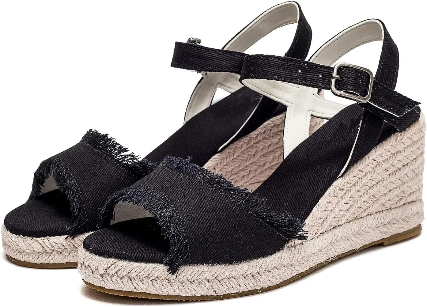 U-lite Peep Toe Canvas Espadrille Tassel Wedge Sandal for Women, Buckle Ankle Strap Flatform Casual Shoes