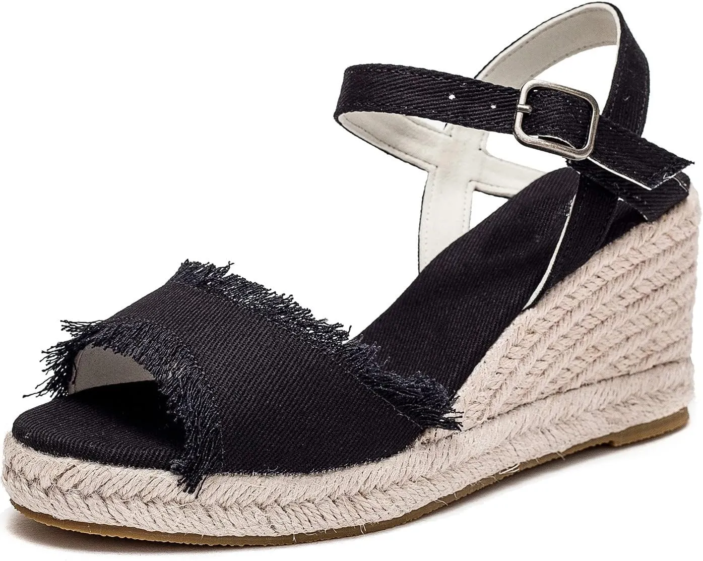 U-lite Peep Toe Canvas Espadrille Tassel Wedge Sandal for Women, Buckle Ankle Strap Flatform Casual Shoes