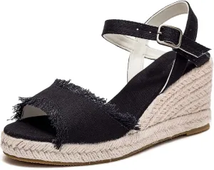 U-lite Peep Toe Canvas Espadrille Tassel Wedge Sandal for Women, Buckle Ankle Strap Flatform Casual Shoes