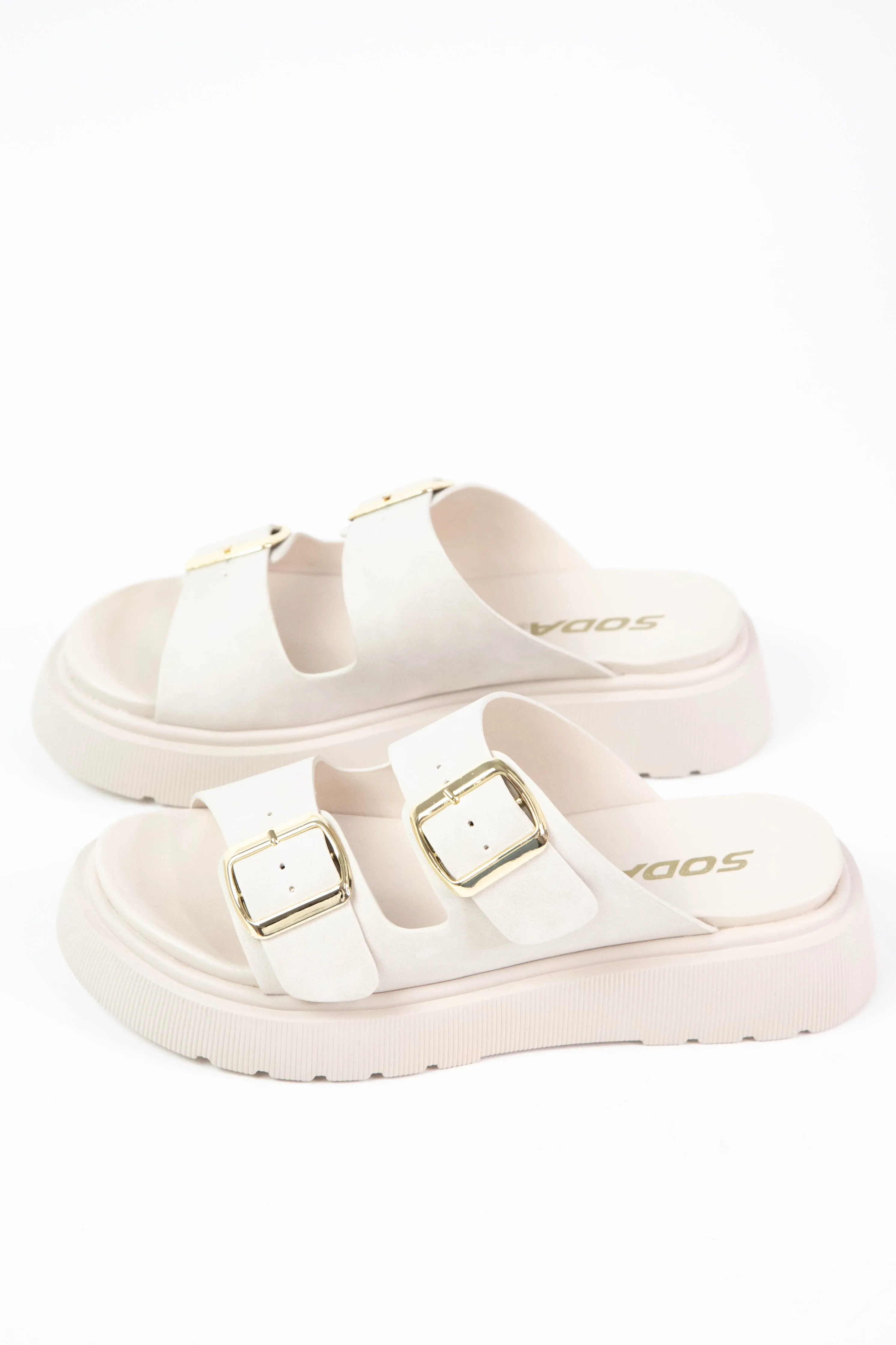 Uberta Double Buckle Sandal, Beige Nubuck