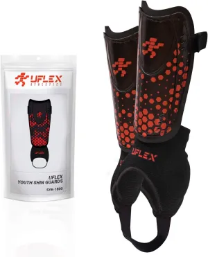 UFlex Athletics Shin Guards for Kids, Youth Soccer Shin Guards, Shin Defender with Padded Ankle Support and Non-Slip Adjustable Straps (XS/S/M)