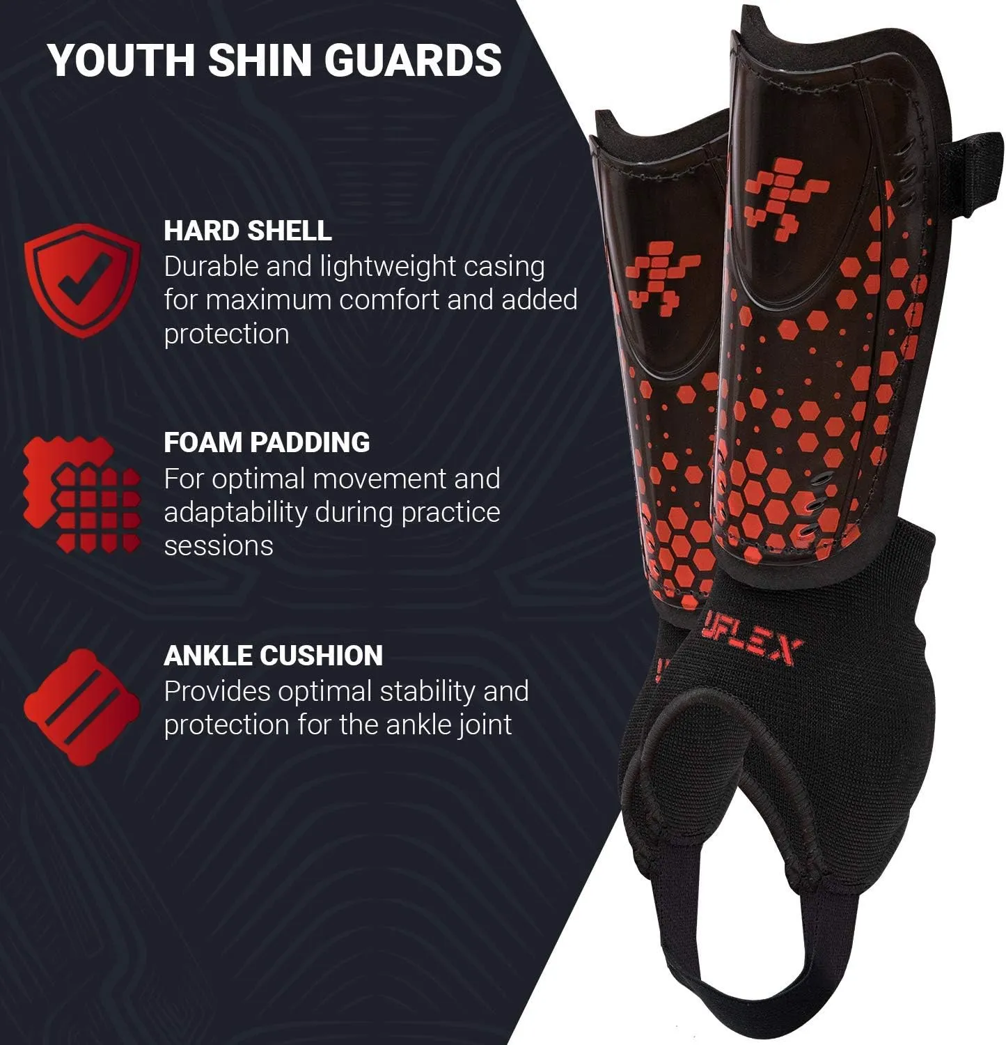 UFlex Athletics Shin Guards for Kids, Youth Soccer Shin Guards, Shin Defender with Padded Ankle Support and Non-Slip Adjustable Straps (XS/S/M)