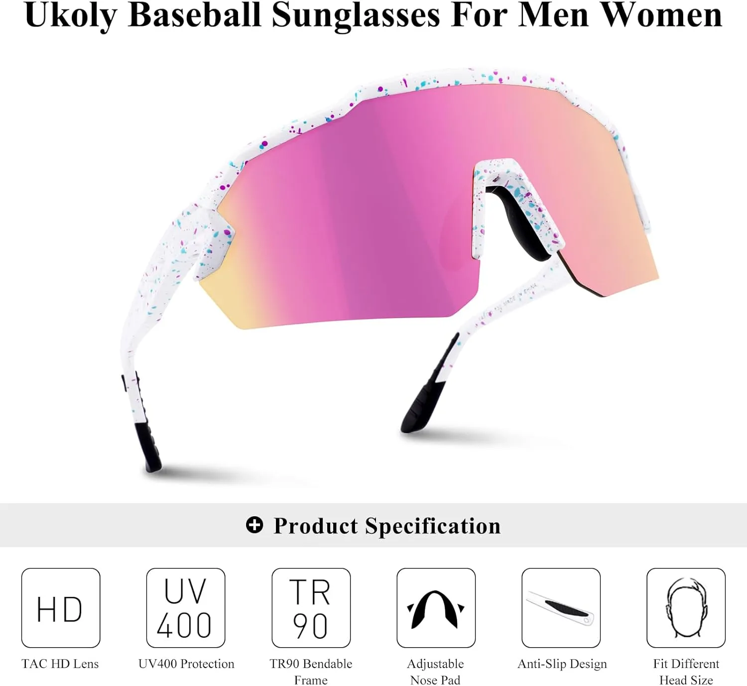 Ukoly Baseball Sunglasses For Men Women,Sports Sunglasses For Baseball Running Cycling UV400 protection TR90 Frame 615