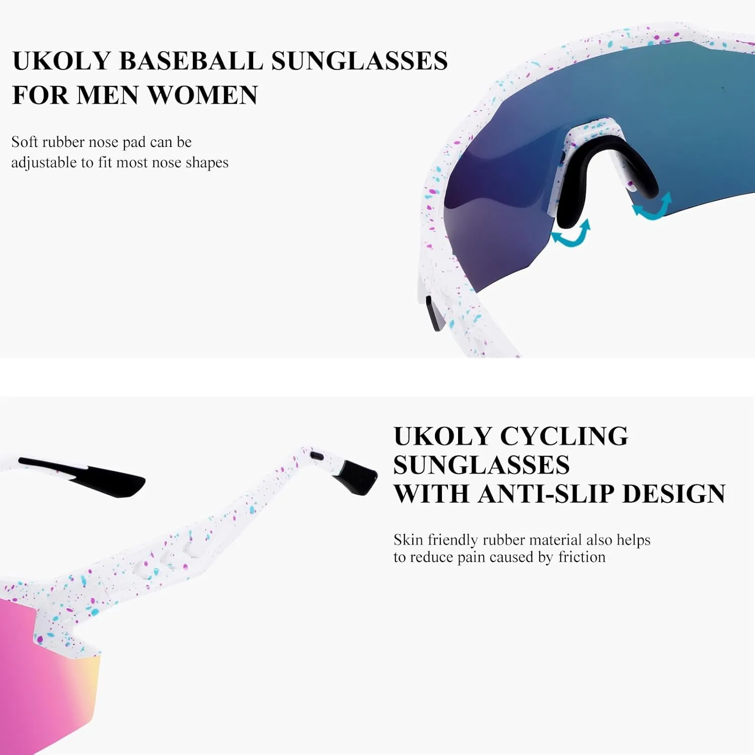 Ukoly Baseball Sunglasses For Men Women,Sports Sunglasses For Baseball Running Cycling UV400 protection TR90 Frame 615