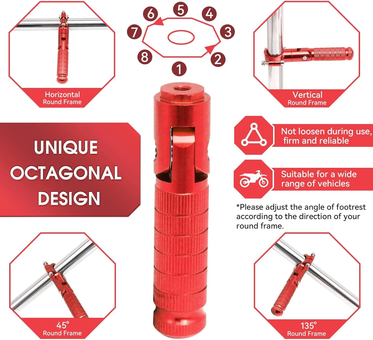 Universal Foot Pegs Non-sliding Footrest Motorcycle Bicycle Folding Foot Pegs 90 Degree Foldable Electric Motorbike Passenger Footrests Rearsets Rear Set Footpegs Foot Rest Pedals (Red)
