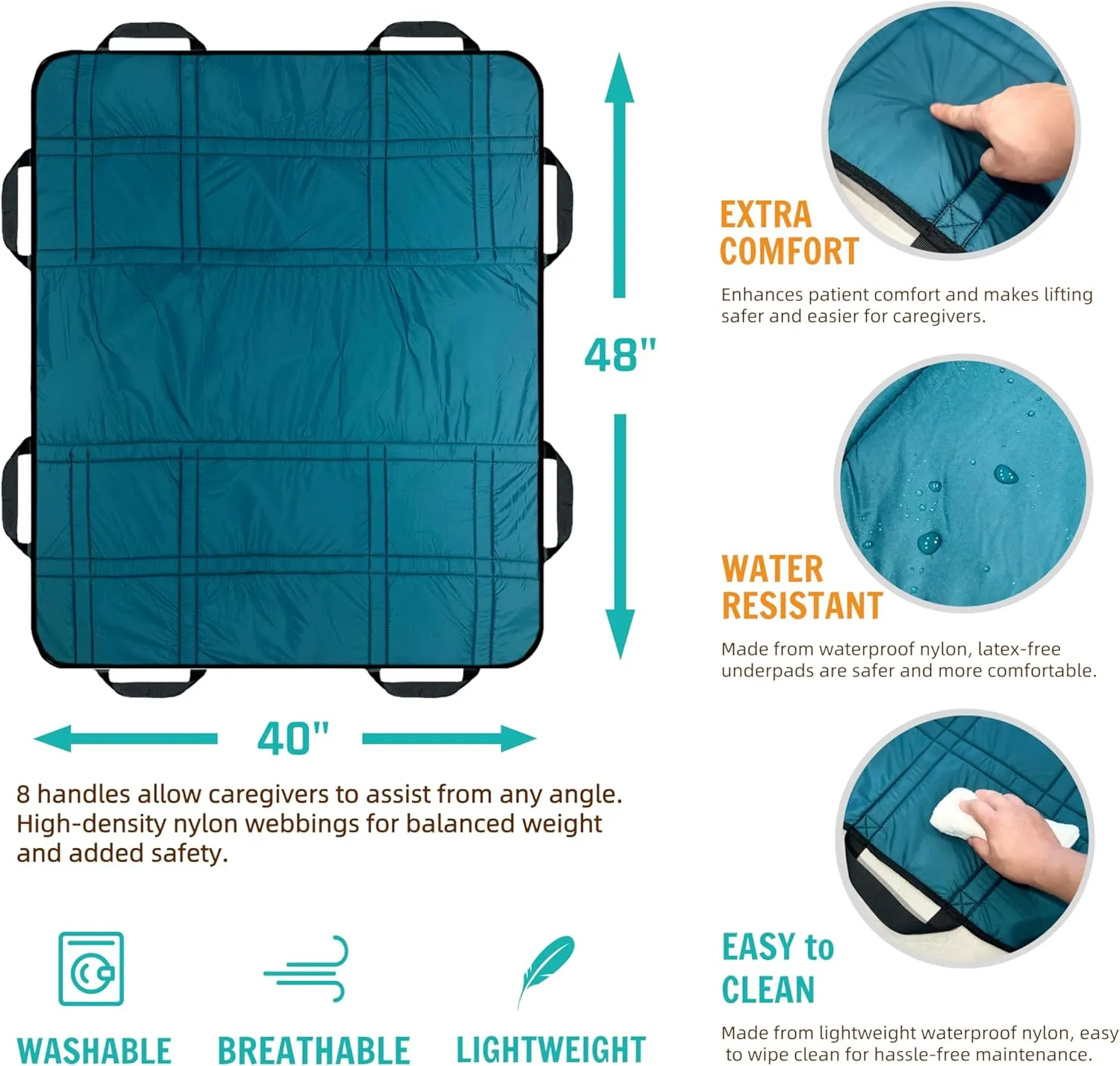 Upgrade 3-Layer Comfort Positioning Bed Pad, 48" x 40", with Reinforced Handles Washable Waterproof Transfer Board for Turning, Inconvenience Care Transfer Sheet (Ocean Teal)