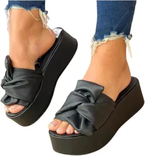 VALINK Sandals for Women Flat, Boho Platform Slippers Beach Shoes Pu Summer Slide Shoes Solid Color Anti-slip Bow Solid Color Sandals