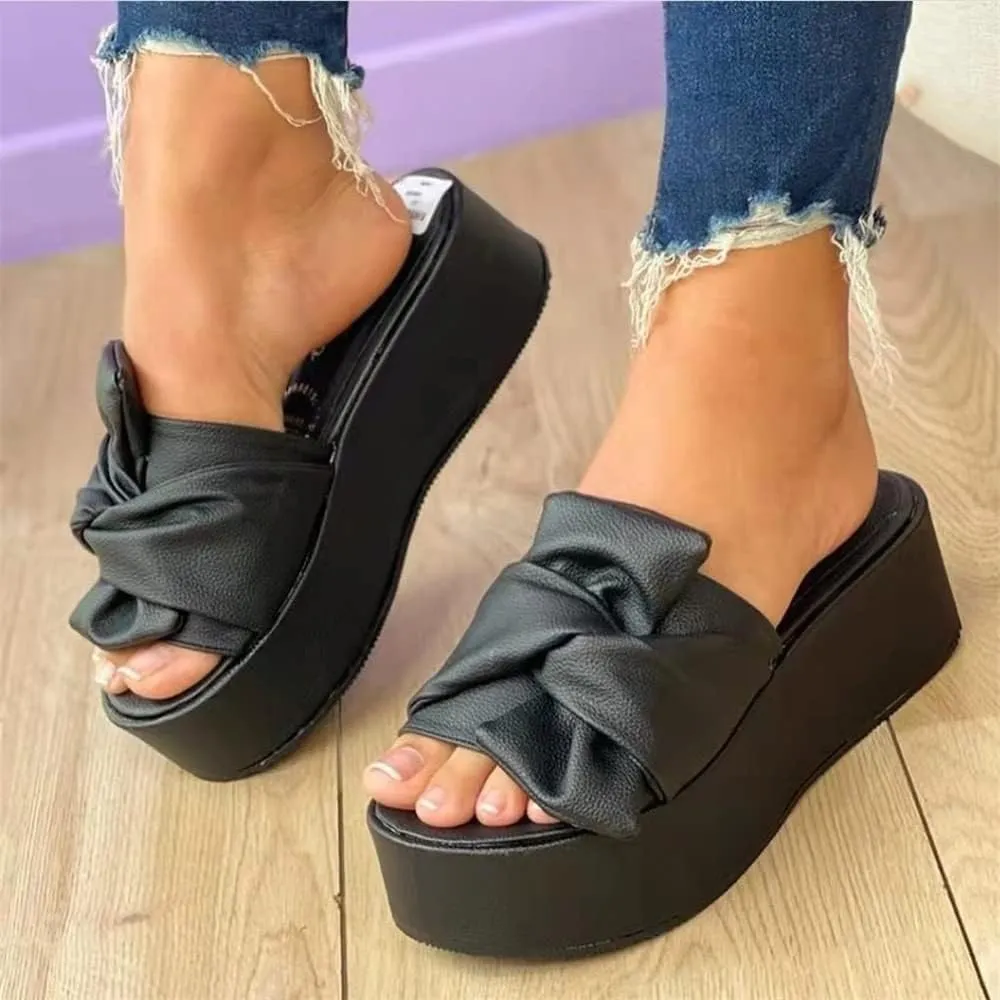 VALINK Sandals for Women Flat, Boho Platform Slippers Beach Shoes Pu Summer Slide Shoes Solid Color Anti-slip Bow Solid Color Sandals
