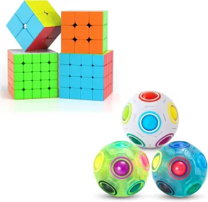 Vdealen 3 Pack Rainbow Puzzle Ball and 2x2 3x3 4x4 5x5 Stickerless Magic Cube Bundle