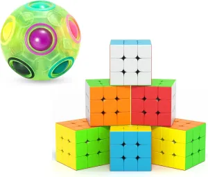 Vdealen Rainbow Puzzle Ball and 6 Pack 3x3x3 Stickerless Magic Cube Bundle