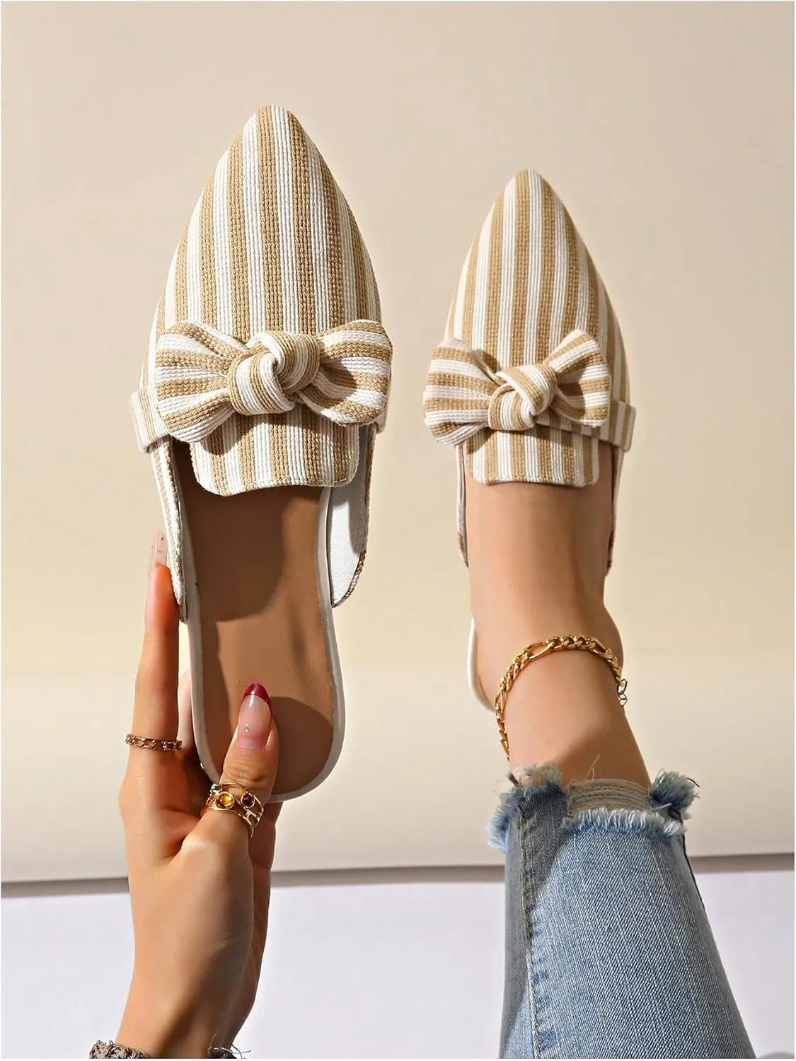 Verdusa Women's Bow Striped Pointed Toe Mule Shoes PU Leather Backless Slip on Slide Flats