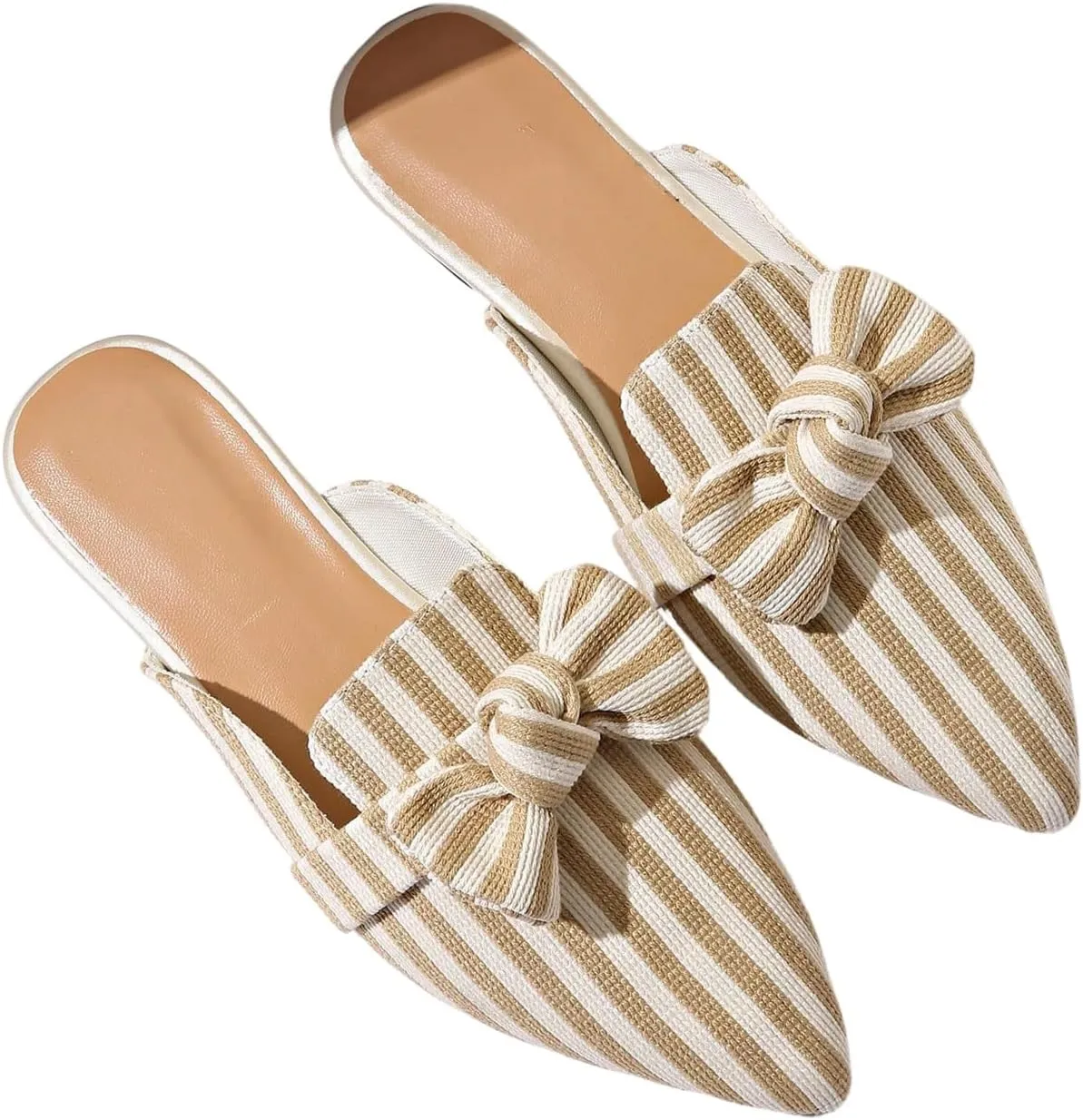 Verdusa Women's Bow Striped Pointed Toe Mule Shoes PU Leather Backless Slip on Slide Flats