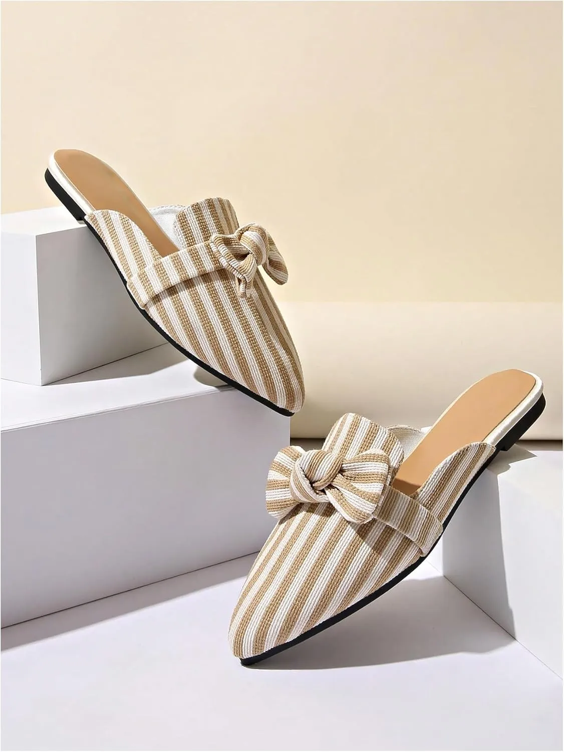 Verdusa Women's Bow Striped Pointed Toe Mule Shoes PU Leather Backless Slip on Slide Flats