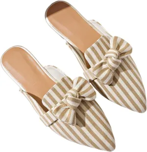 Verdusa Women's Bow Striped Pointed Toe Mule Shoes PU Leather Backless Slip on Slide Flats