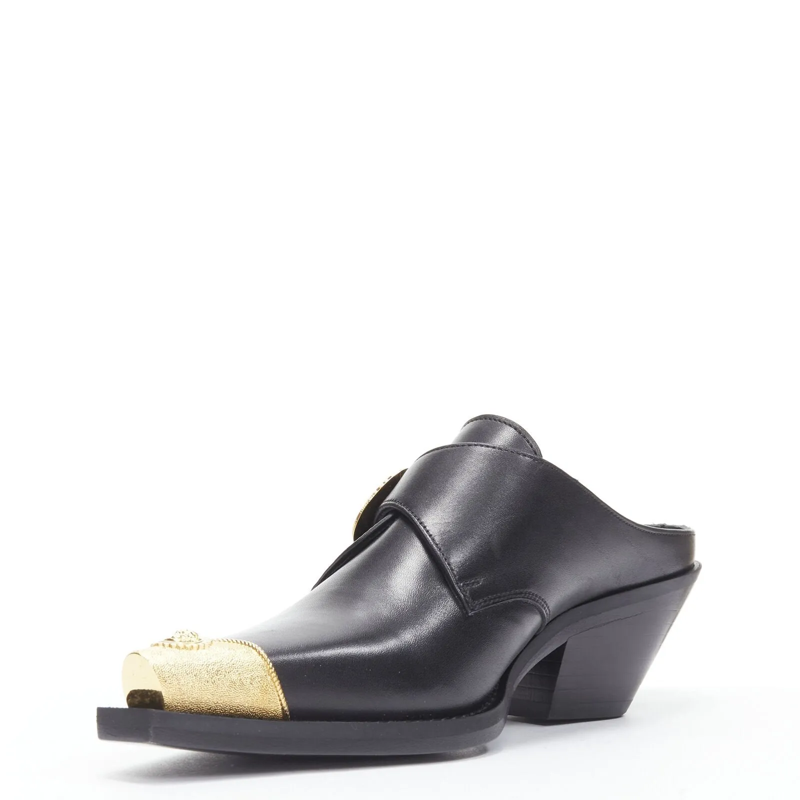 VERSACE 2019 black leather gold Medusa toe western buckle Cuban mule EU37