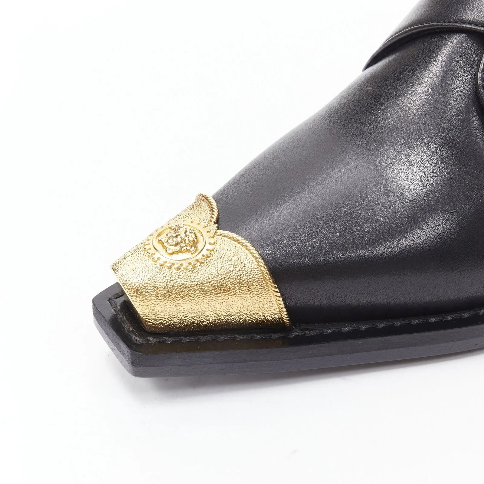 VERSACE 2019 black leather gold Medusa toe western buckle Cuban mule EU37