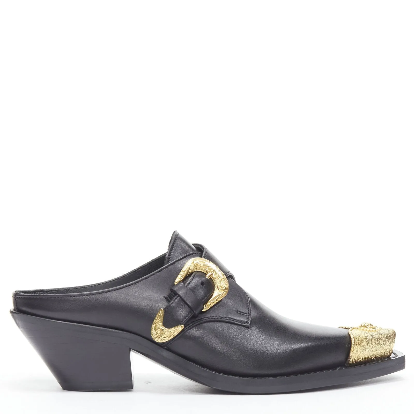 VERSACE 2019 black leather gold Medusa toe western buckle Cuban mule EU37