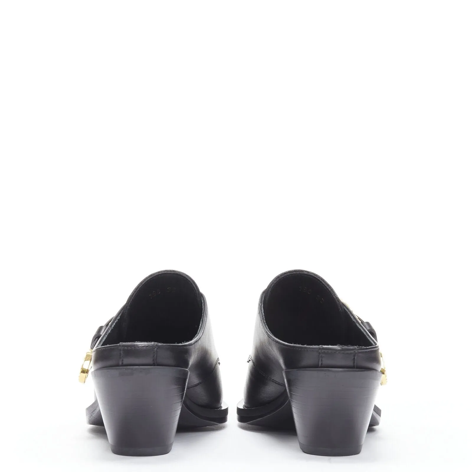 VERSACE 2019 black leather gold Medusa toe western buckle Cuban mule EU37