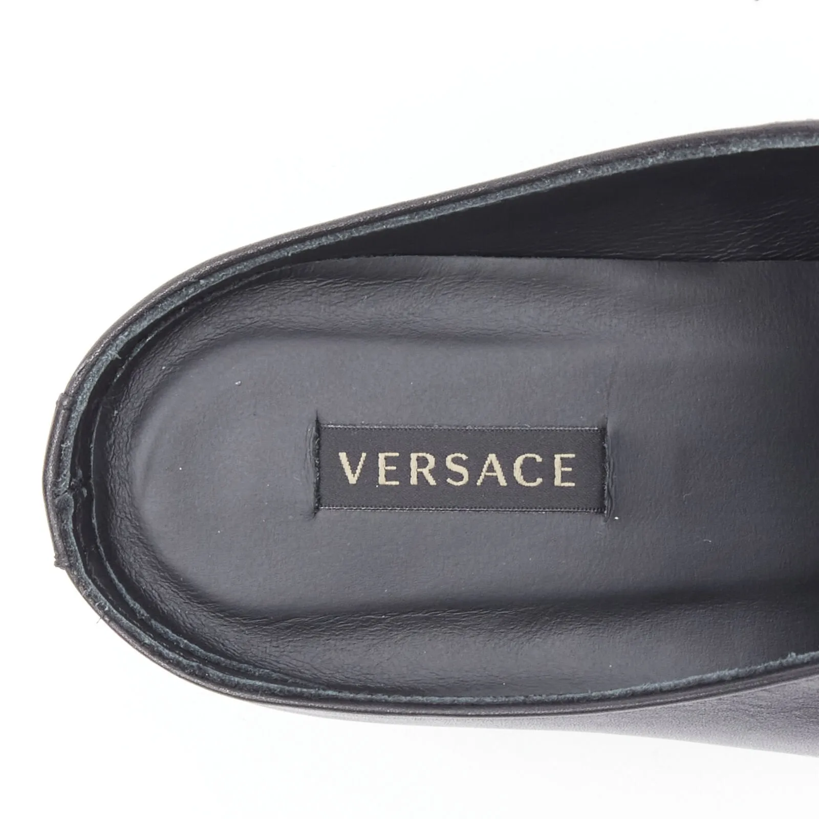 VERSACE 2019 black leather gold Medusa toe western buckle Cuban mule EU37