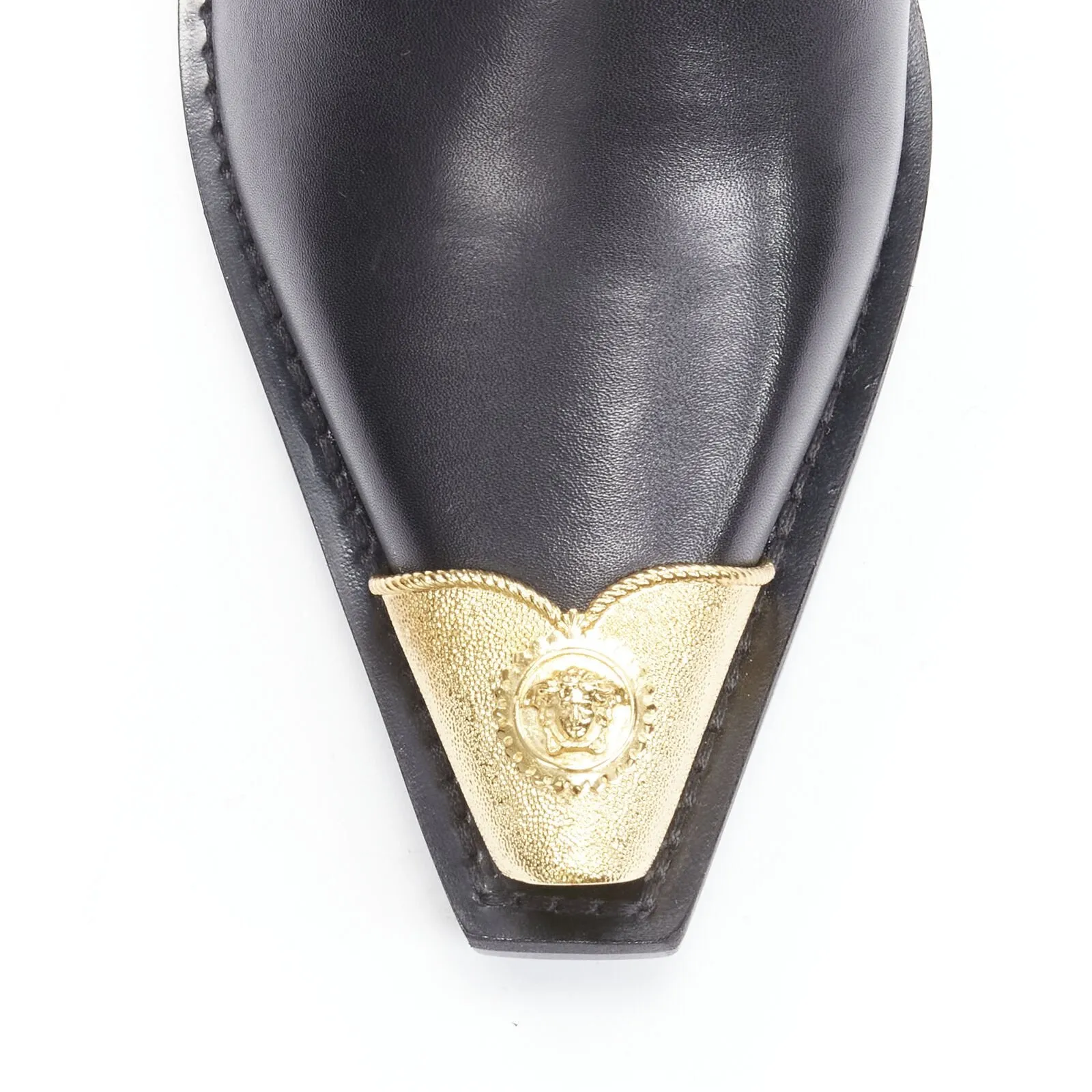 VERSACE 2019 black leather gold Medusa toe western buckle Cuban mule EU37
