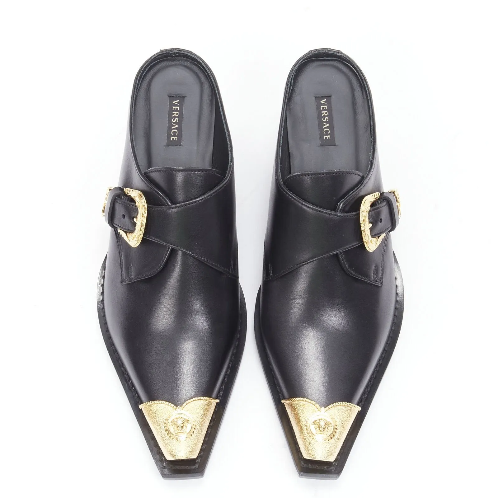 VERSACE 2019 black leather gold Medusa toe western buckle Cuban mule EU37