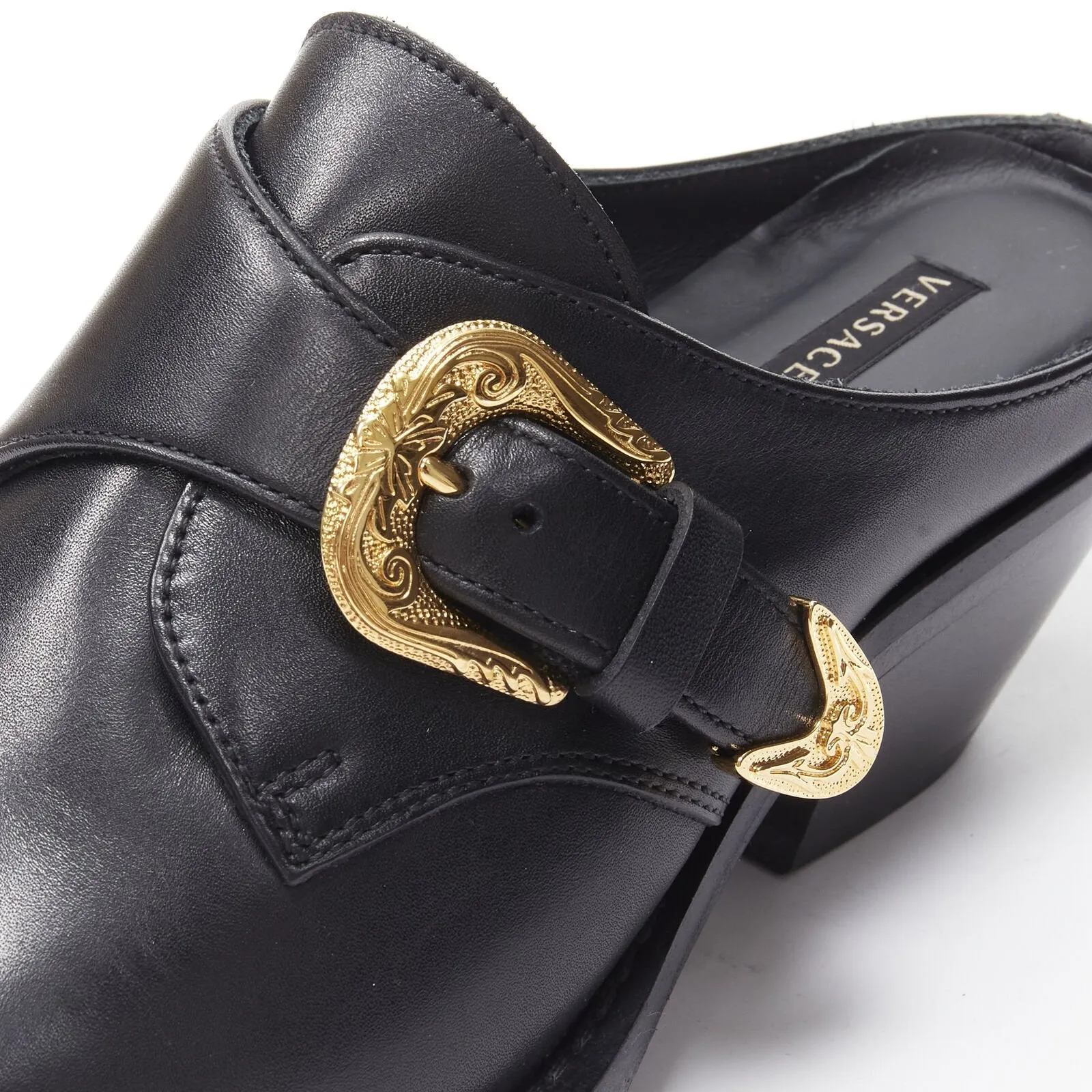 VERSACE 2019 black leather gold Medusa toe western buckle Cuban mule EU37