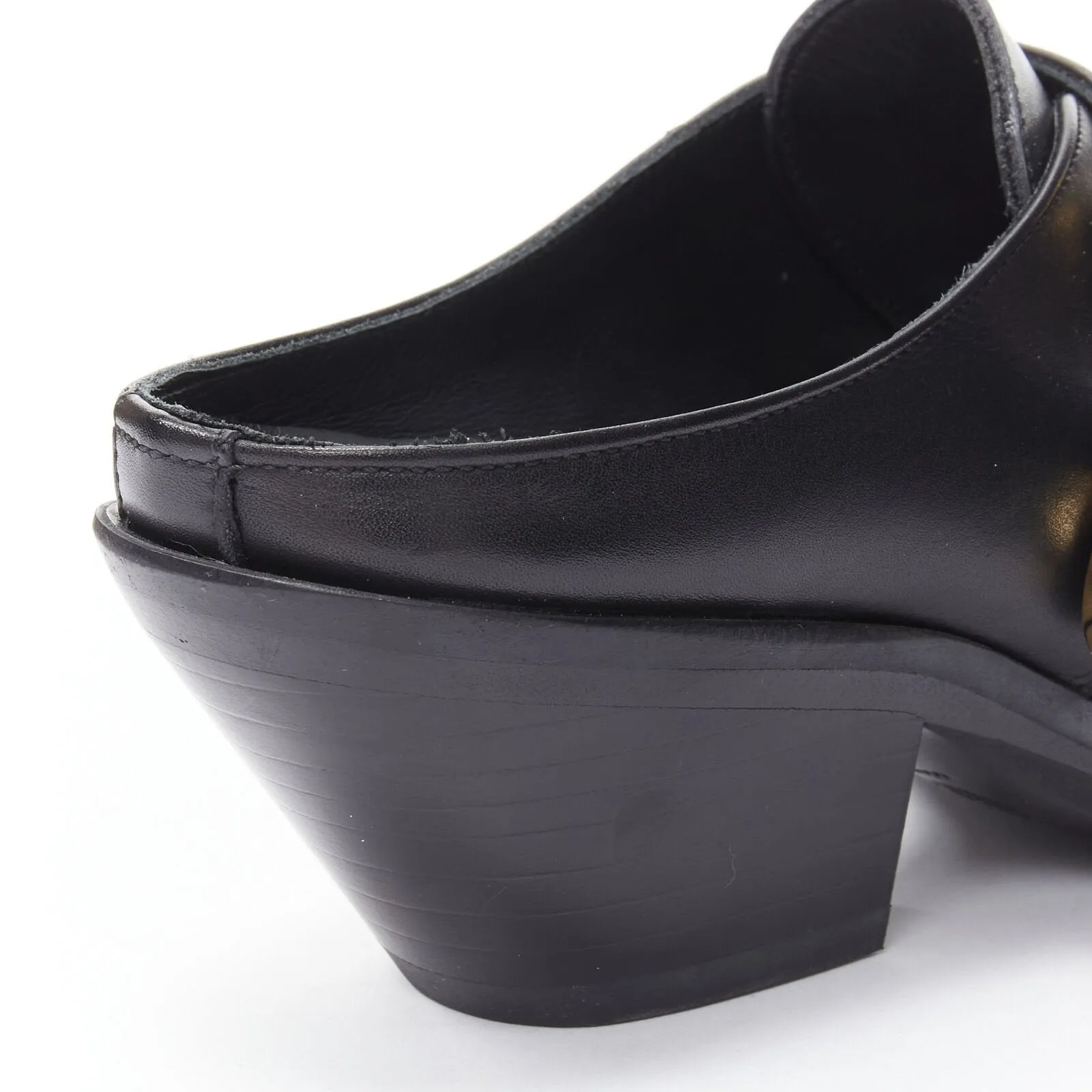 VERSACE 2019 black leather gold Medusa toe western buckle Cuban mule EU37