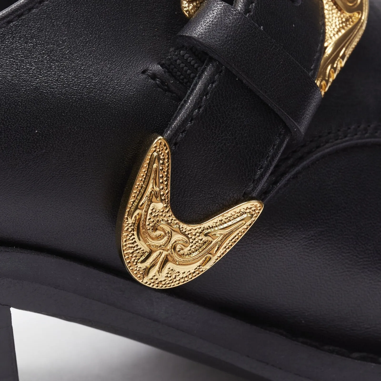 VERSACE 2019 black leather gold Medusa toe western buckle Cuban mule EU37