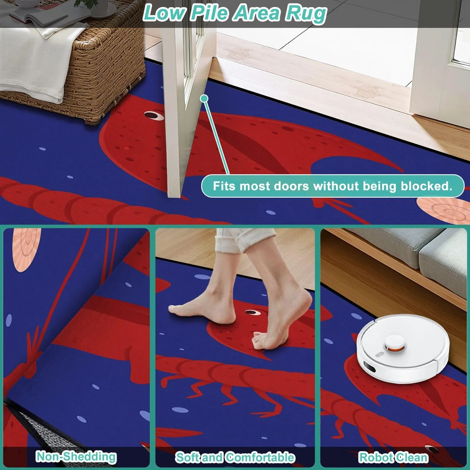 Washable Area Rug Seamless Cute Funny Stingrays Flat Style Blue 6x9 Low Pile Large Rug Non-Slip Non-Shedding Rug Indoor Carpet for Living Room Bedroom Kids Room Home Decor