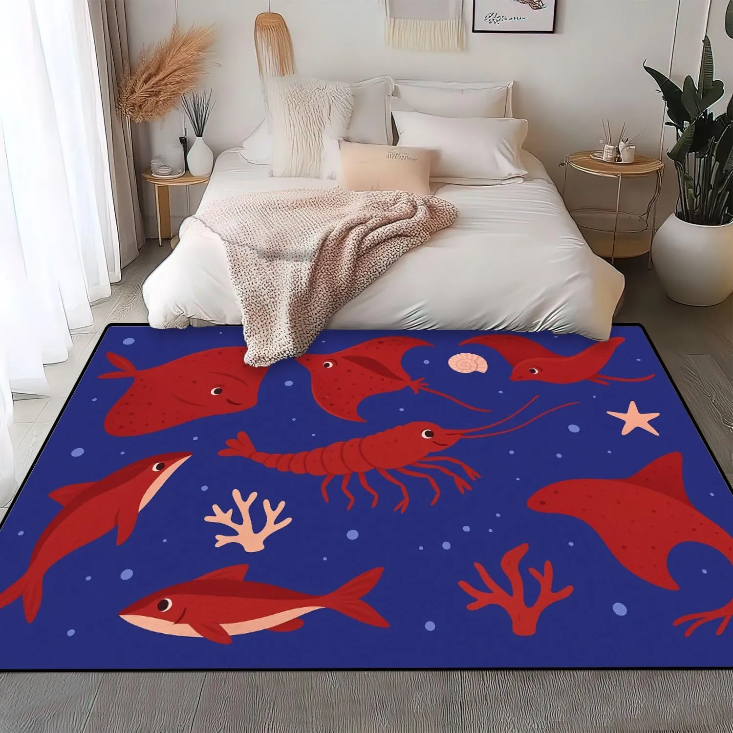 Washable Area Rug Seamless Cute Funny Stingrays Flat Style Blue 6x9 Low Pile Large Rug Non-Slip Non-Shedding Rug Indoor Carpet for Living Room Bedroom Kids Room Home Decor