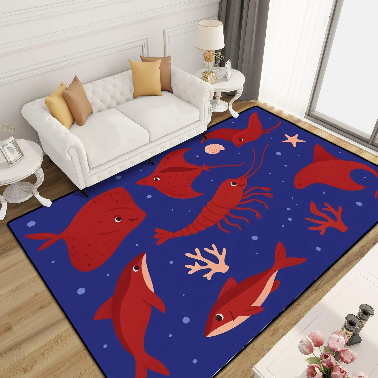 Washable Area Rug Seamless Cute Funny Stingrays Flat Style Blue 6x9 Low Pile Large Rug Non-Slip Non-Shedding Rug Indoor Carpet for Living Room Bedroom Kids Room Home Decor