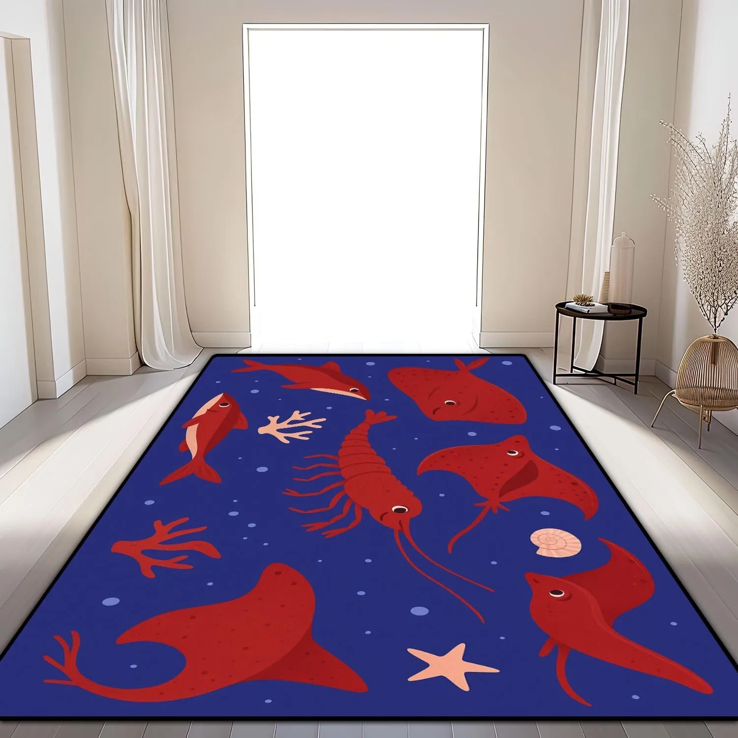 Washable Area Rug Seamless Cute Funny Stingrays Flat Style Blue 6x9 Low Pile Large Rug Non-Slip Non-Shedding Rug Indoor Carpet for Living Room Bedroom Kids Room Home Decor