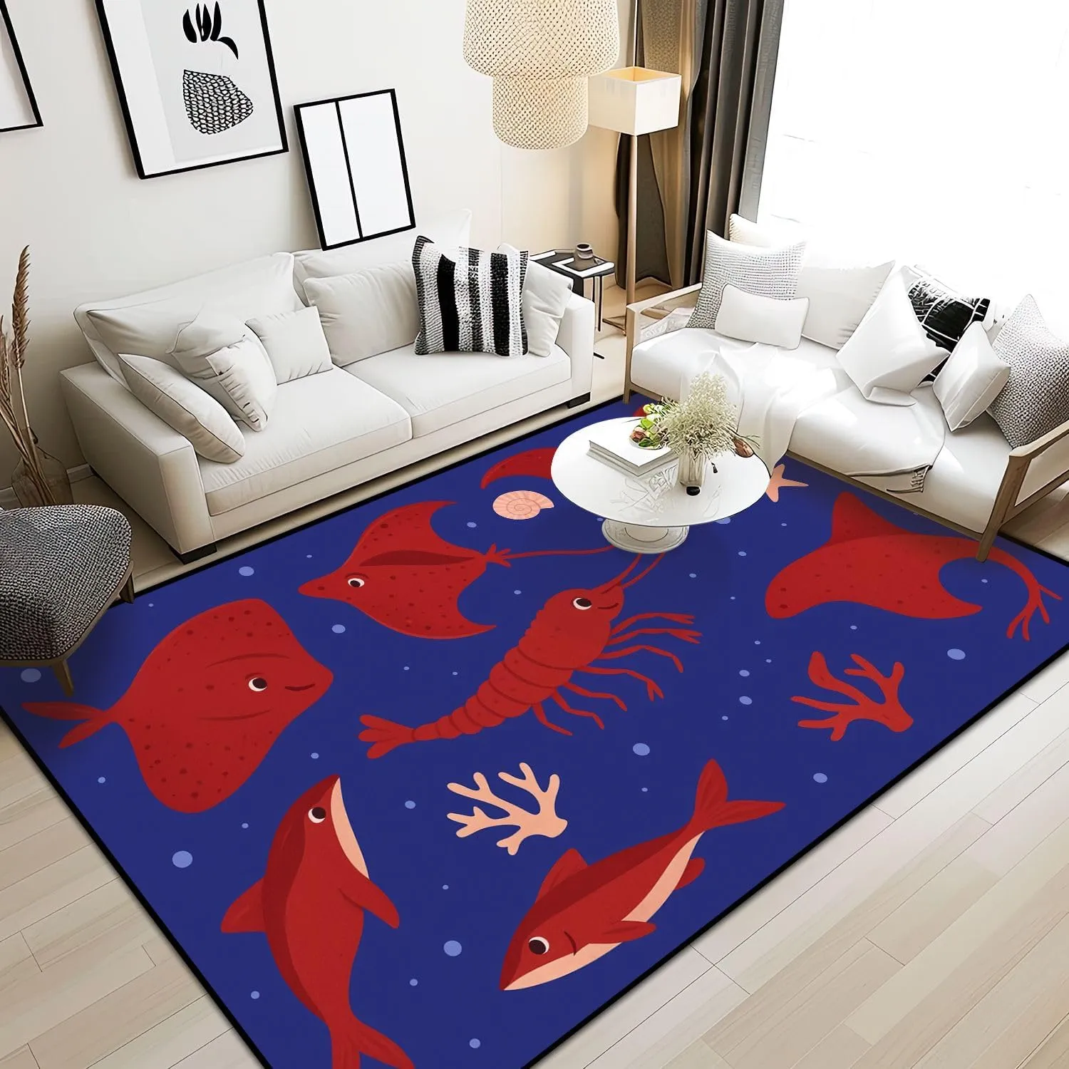 Washable Area Rug Seamless Cute Funny Stingrays Flat Style Blue 6x9 Low Pile Large Rug Non-Slip Non-Shedding Rug Indoor Carpet for Living Room Bedroom Kids Room Home Decor