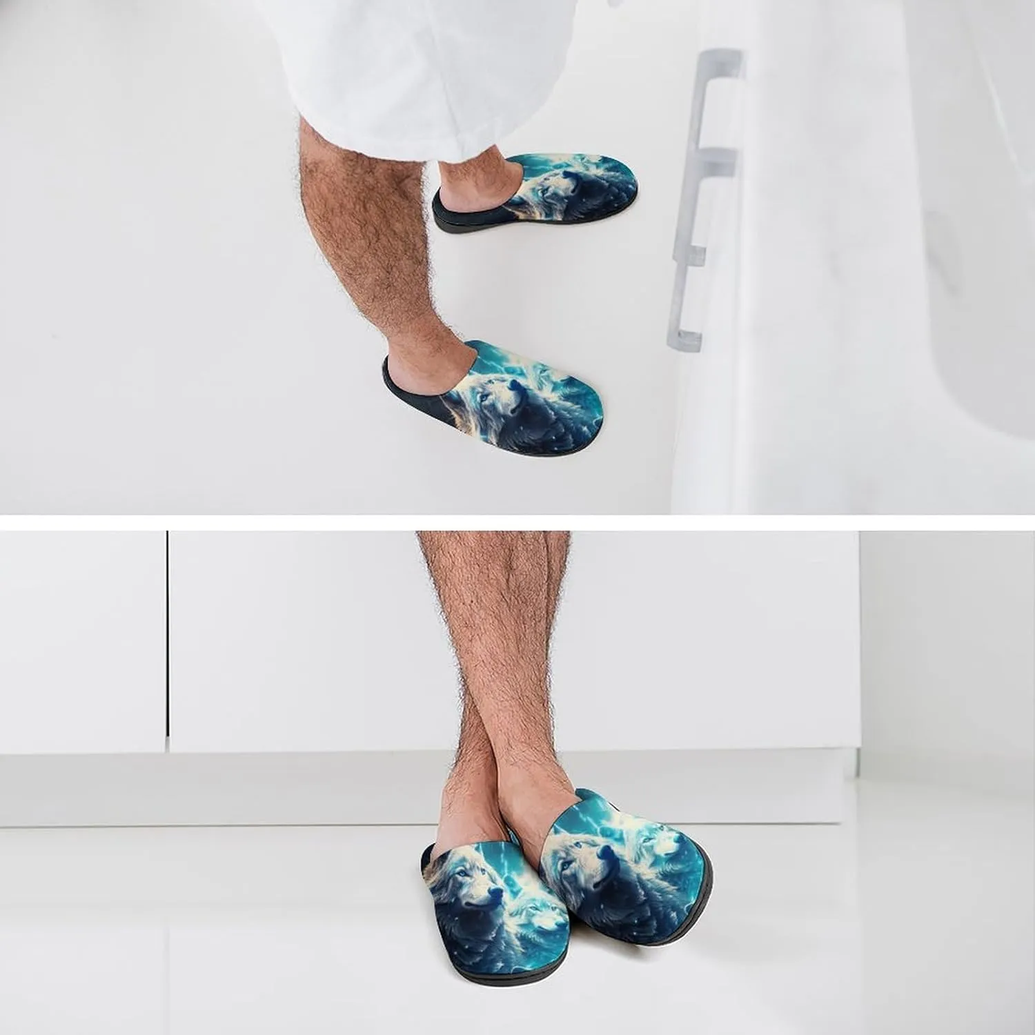 Wolves Under The Moonlight Men's Cotton Slippers Memory Foam House Shoes Non Slip Soles Winter Slippers