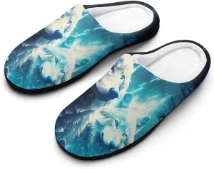 Wolves Under The Moonlight Men's Cotton Slippers Memory Foam House Shoes Non Slip Soles Winter Slippers