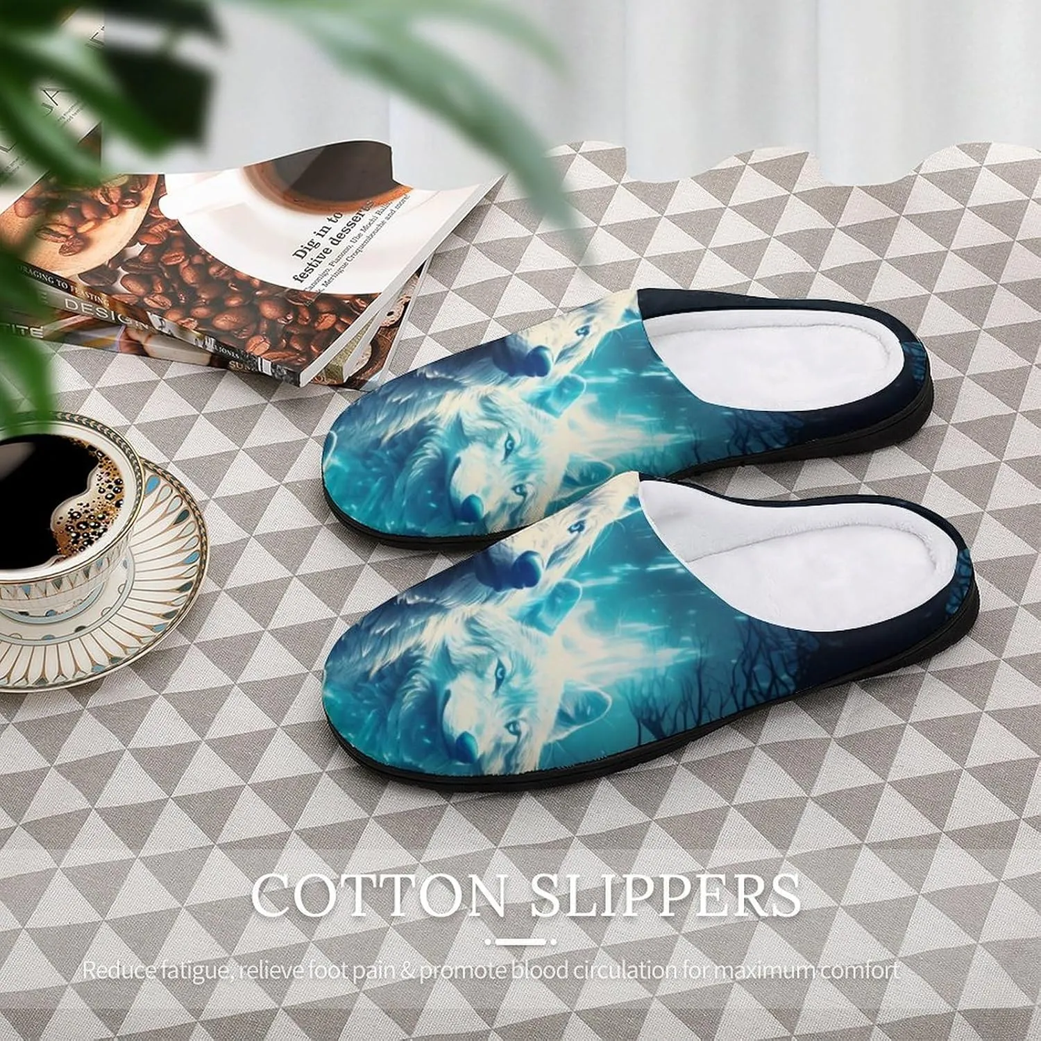 Wolves Under The Moonlight Men's Cotton Slippers Memory Foam House Shoes Non Slip Soles Winter Slippers