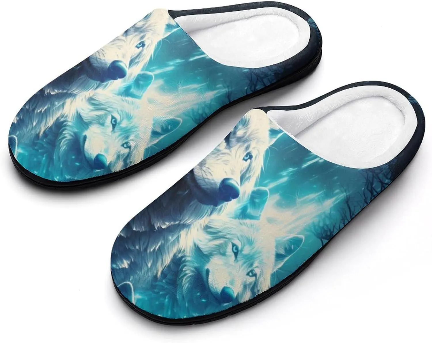 Wolves Under The Moonlight Men's Cotton Slippers Memory Foam House Shoes Non Slip Soles Winter Slippers