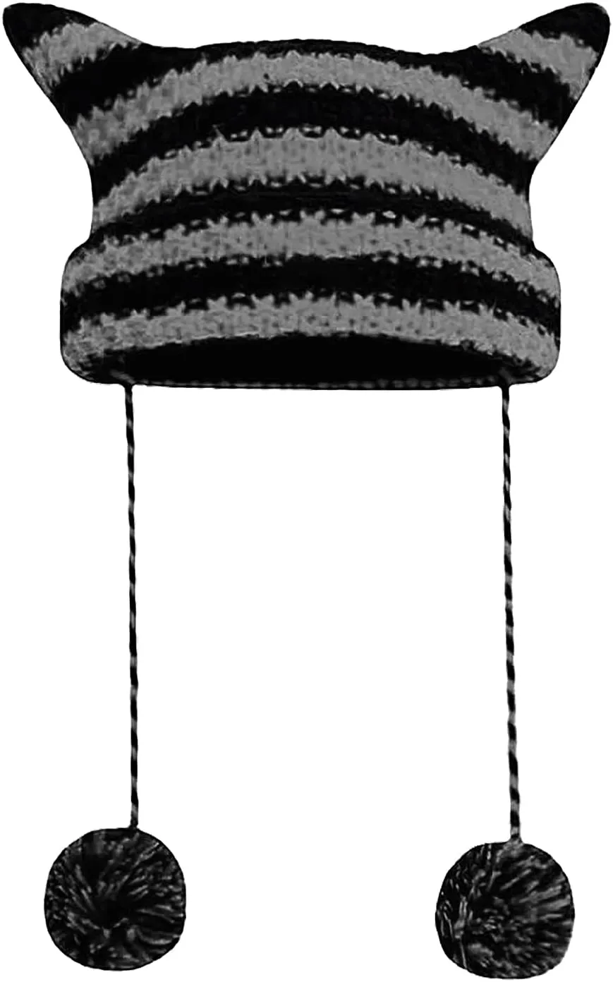 Women Cat Ear Beanie Hat Vintage Crochet Knit Cap Y2K Style Striped Cap with Devil Horn Grunge Slouchy Beanie