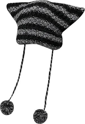 Women Cat Ear Beanie Hat Vintage Crochet Knit Cap Y2K Style Striped Cap with Devil Horn Grunge Slouchy Beanie