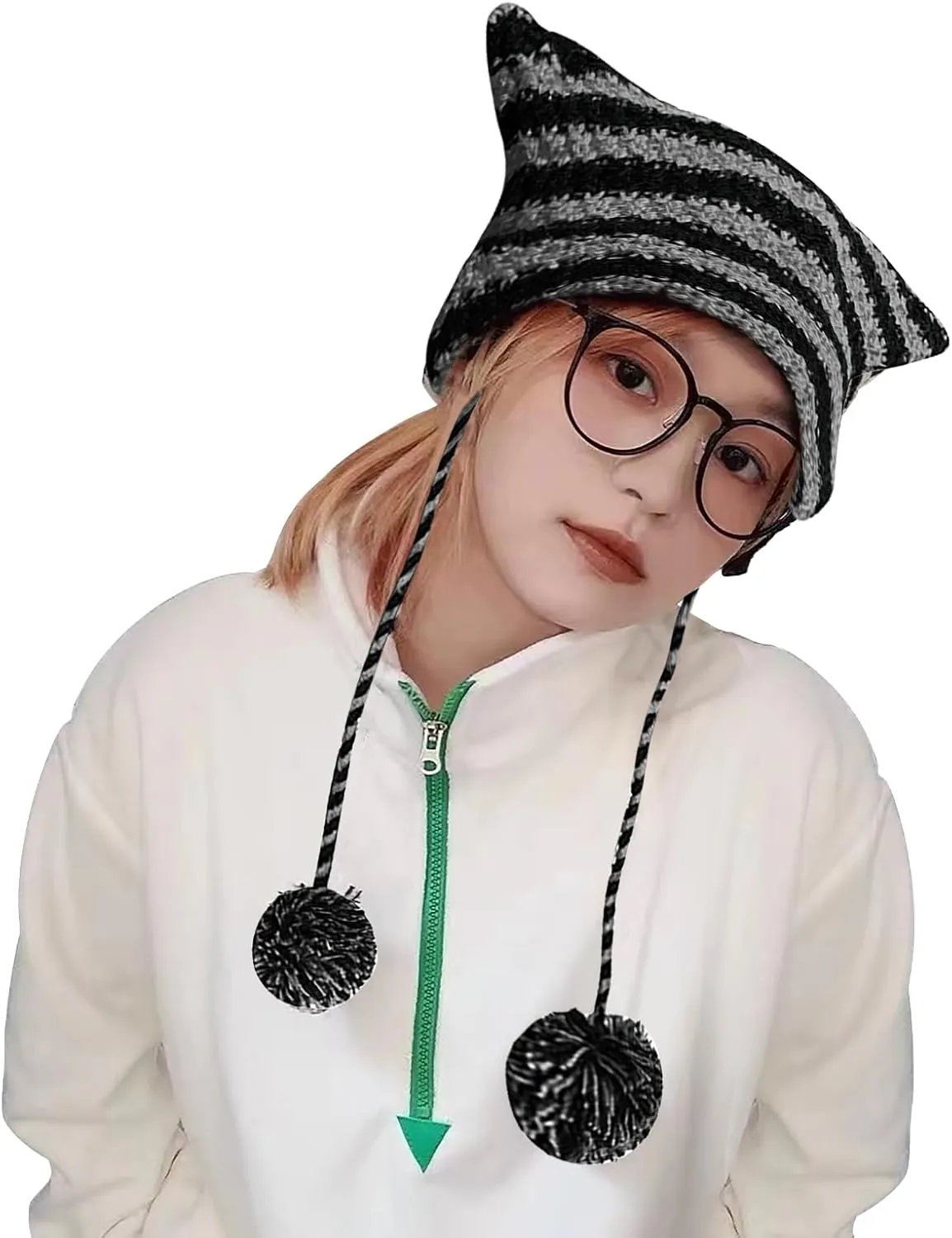 Women Cat Ear Beanie Hat Vintage Crochet Knit Cap Y2K Style Striped Cap with Devil Horn Grunge Slouchy Beanie