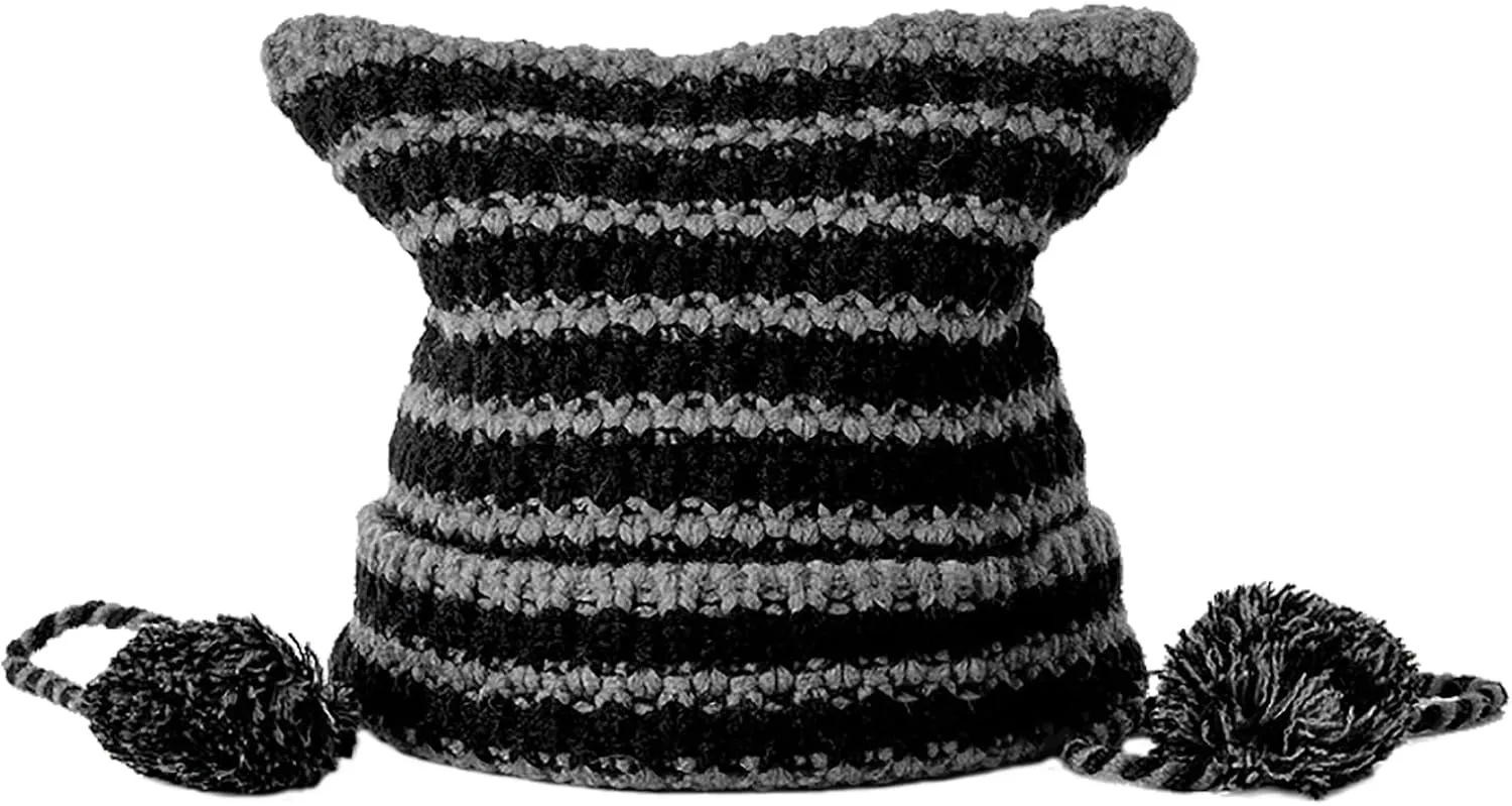 Women Cat Ear Beanie Hat Vintage Crochet Knit Cap Y2K Style Striped Cap with Devil Horn Grunge Slouchy Beanie