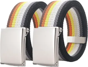 Women Men Canvas Web Belt Size Up to 71" with Flip Top Solid Matte Silver Military Buckle, 2 Pack