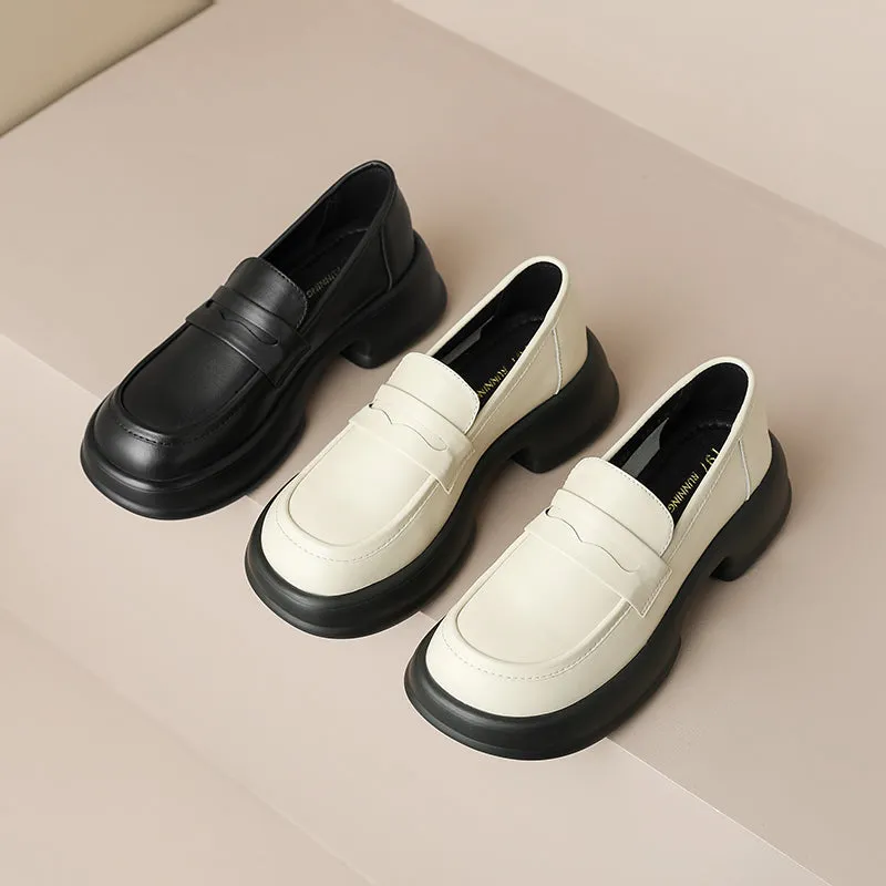 Womens All-day Comfort Platform Leather Round Toe Block Heels Loafers