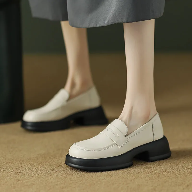 Womens All-day Comfort Platform Leather Round Toe Block Heels Loafers